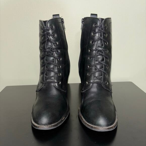 Steve Madden Lace-Up Block Heel Boots Black Leather Side Zip Combat Size 10 - Picture 3 of 8